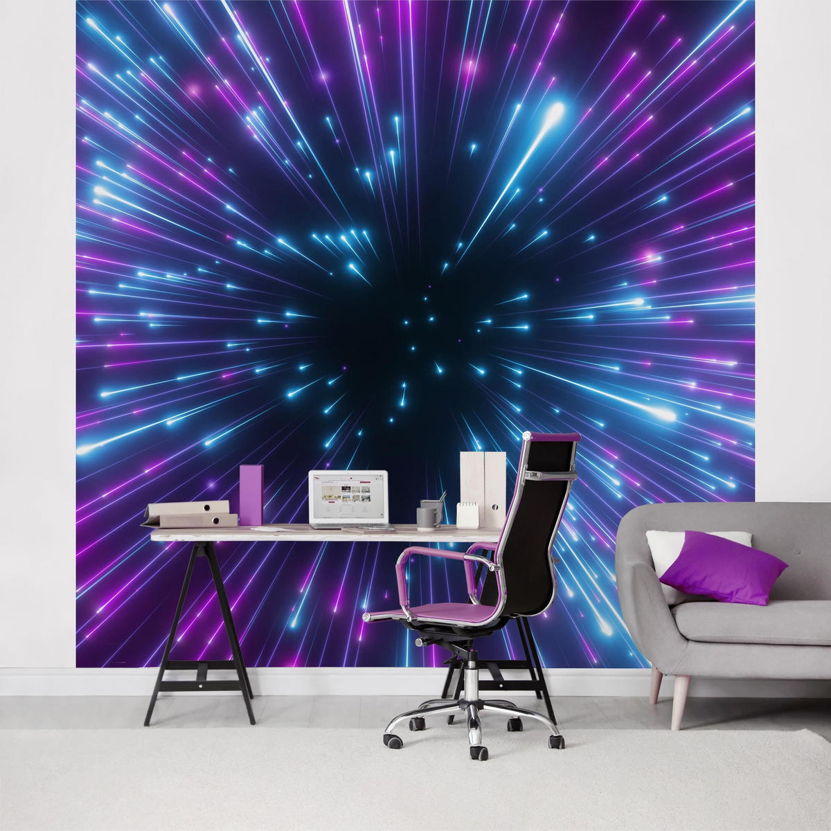 FOTOTAPETE Neon Feuerwerk 192/192 cm - Violett, Papier (192/192cm) - Bilderwelten