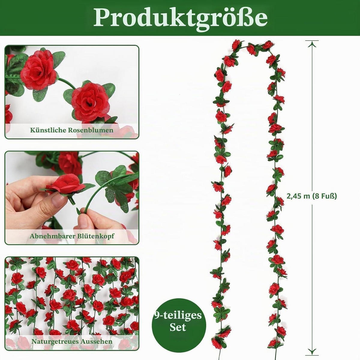 BLUMENGIRLANDE 9-teiliges Set Rot 2,4 m - Rot, Kunststoff (1cm)