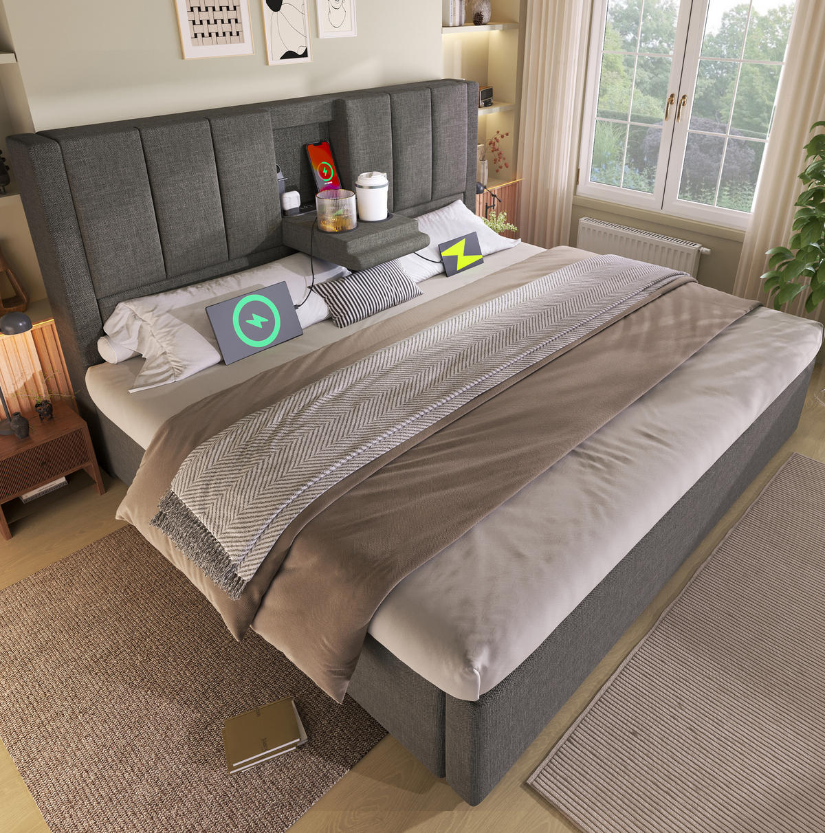 POLSTERBETT 160/200 cm Grau aus Leinen mit Stauraum und Ladestation - Grau, Textil (160/200cm) - OKMYHOME