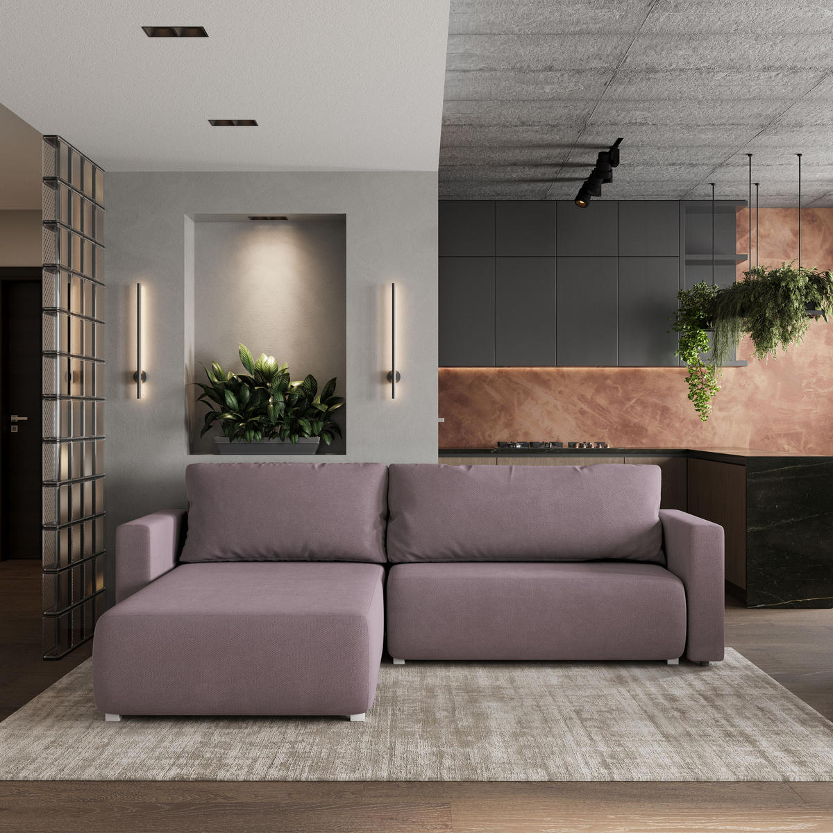 ECKSOFA TURIN Rosa Geflochtener Stoff mit Schlaffunktion - Rosa, Holz (265/183cm) - MASSENO