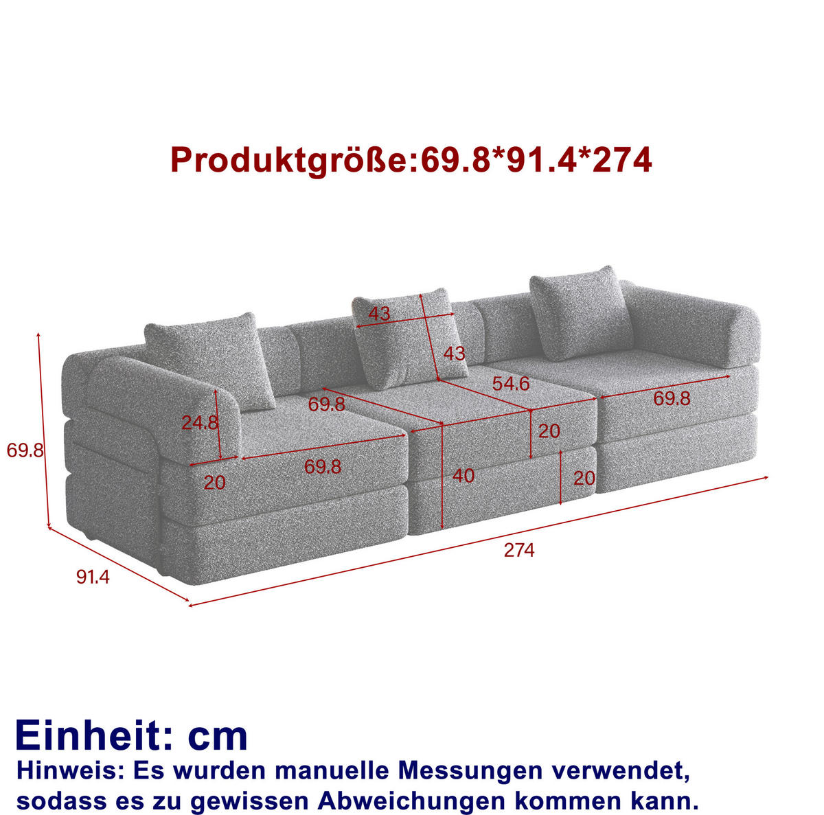 SCHLAFSOFA aus Chenille Grau 2-in-1 mit Armlehnen-Ablagefach und flexibler Modulnutzung - Grau, Textil (91.4/69.8/274cm) - Modfu