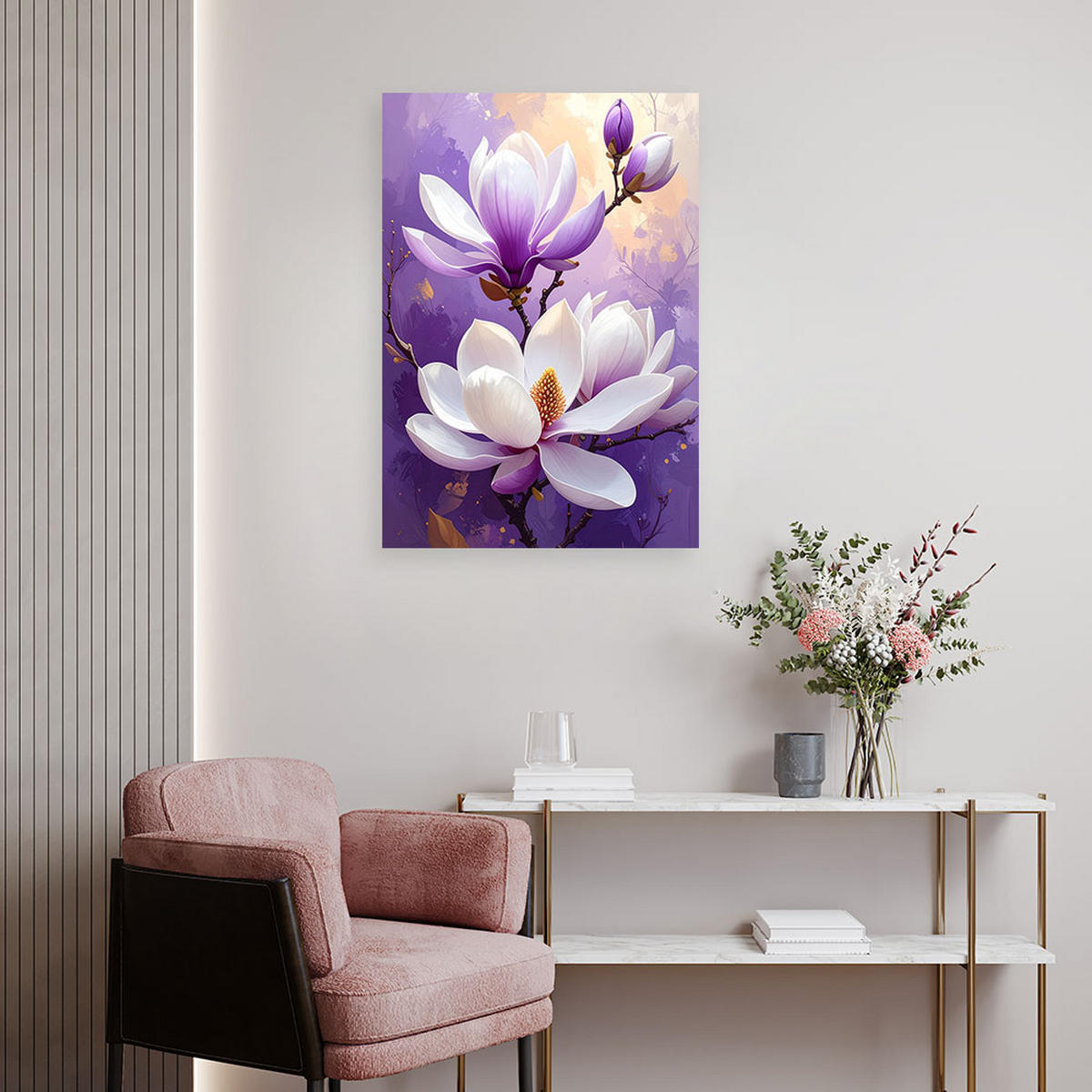 LEINWANDBILDER, Weiße und violette Magnolien auf einem lavendelfarbenen Hintergrund - Lila, Textil (20/30cm) - Feeby