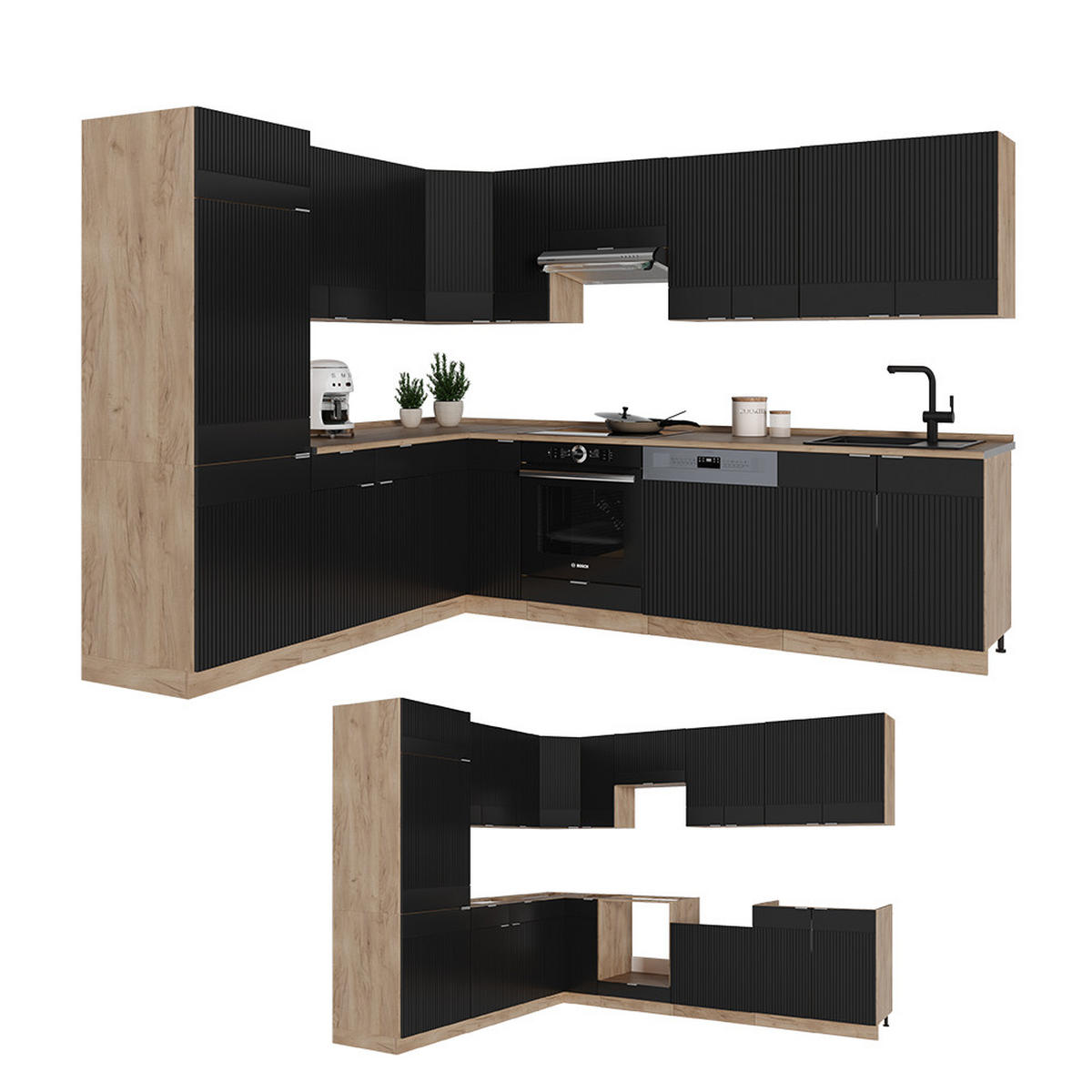 ECKKÜCHE Fame-Line, Schwarz gestreift/Goldkraft Eiche, 227 x 287 cm, AP Anthrazit - Honigeiche/Schwarz, Holzwerkstoff (227/81.6/60cm) - Vicco