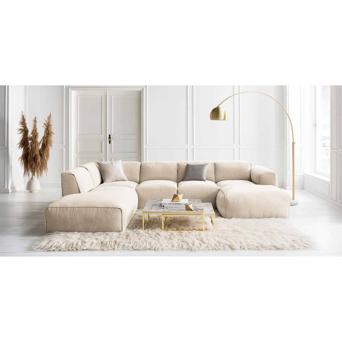 WOHNLANDSCHAFT mit Longchair - Beige/Schwarz, Kunststoff/Textil (325/71/235cm) - home24
