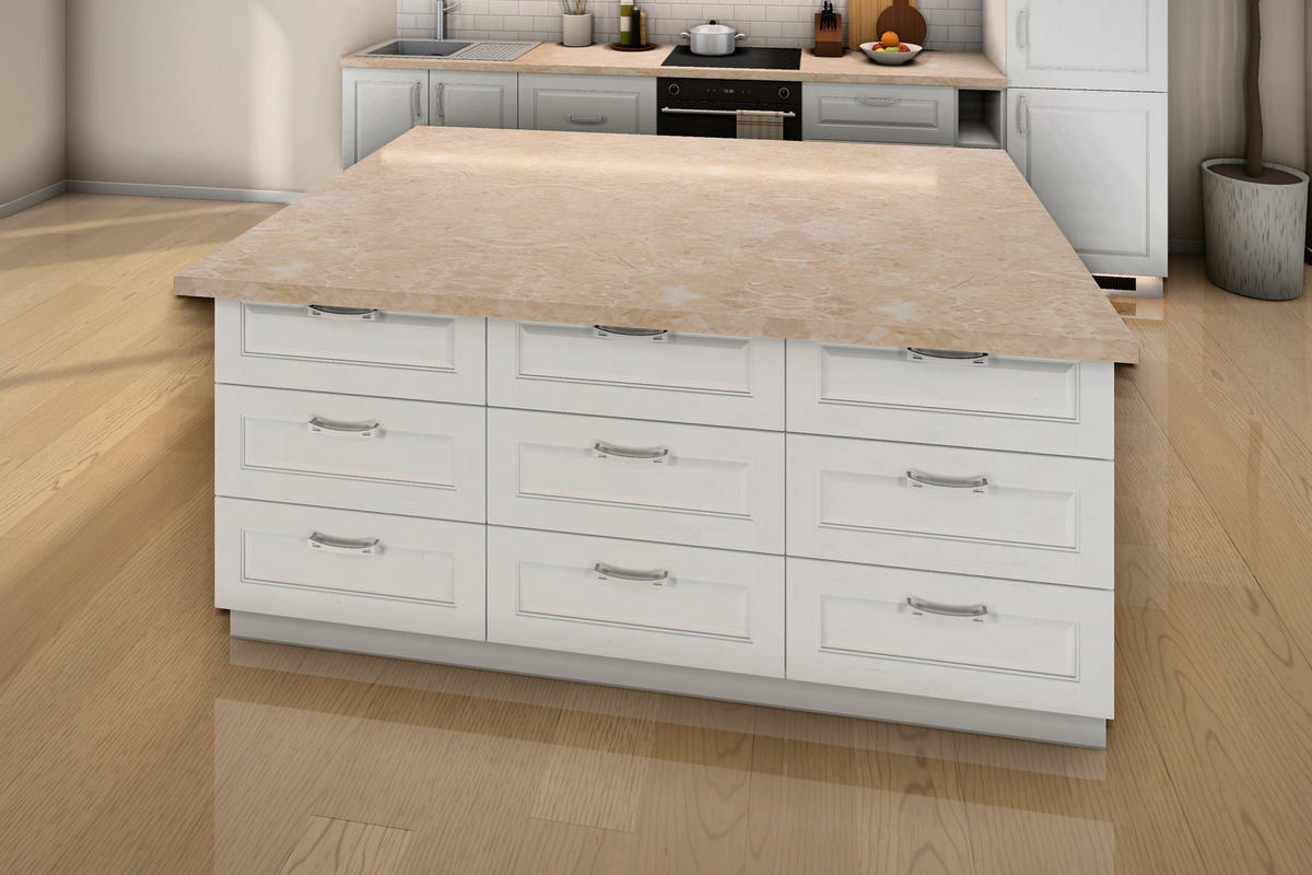 INSELKÜCHE Sycylia Weiß Creme – 340 cm + Insel 180 cm – K29-G340 - Silberfarben/Creme, Holzwerkstoff/Metall (340/212/60cm) - ROYAL24_MARKT
