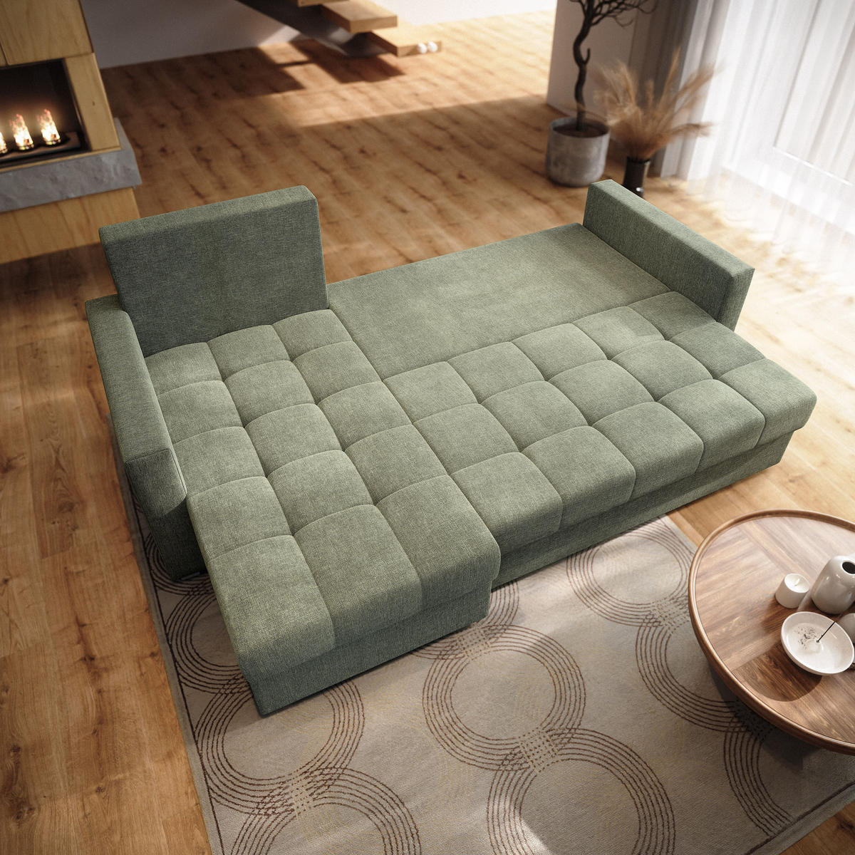 ECKSOFA NIDA Grün Geflochtener Stoff mit Schlaffunktion - Grün, Holz (220/143cm) - MASSENO