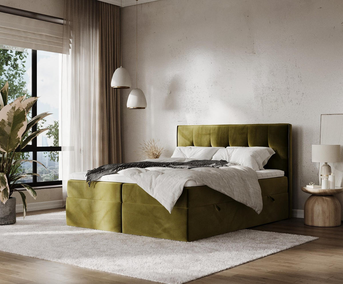 BOXBETT Mireo 140/200 cm Olivgrün im Kronos Stoff - Schwarz/Olivgrün, Holz/Holzwerkstoff (140/200cm) - AltaBeds