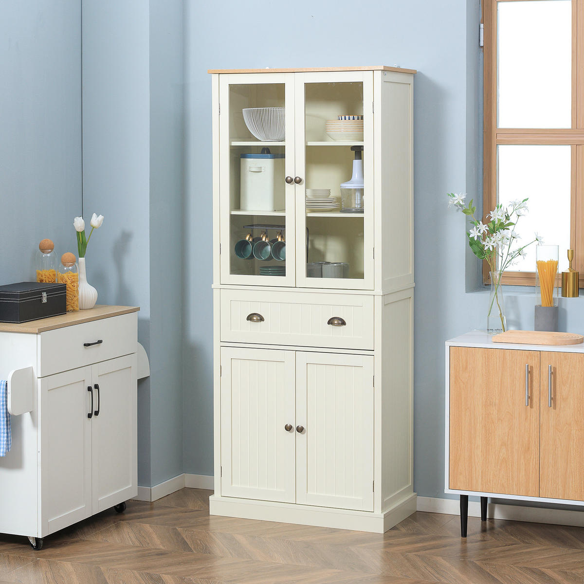 HIGHBOARD DE-11020 4 Türen (2 mit Glas) Beige - Weiß, Holzwerkstoff (40/182.5/76cm) - ComfortXL