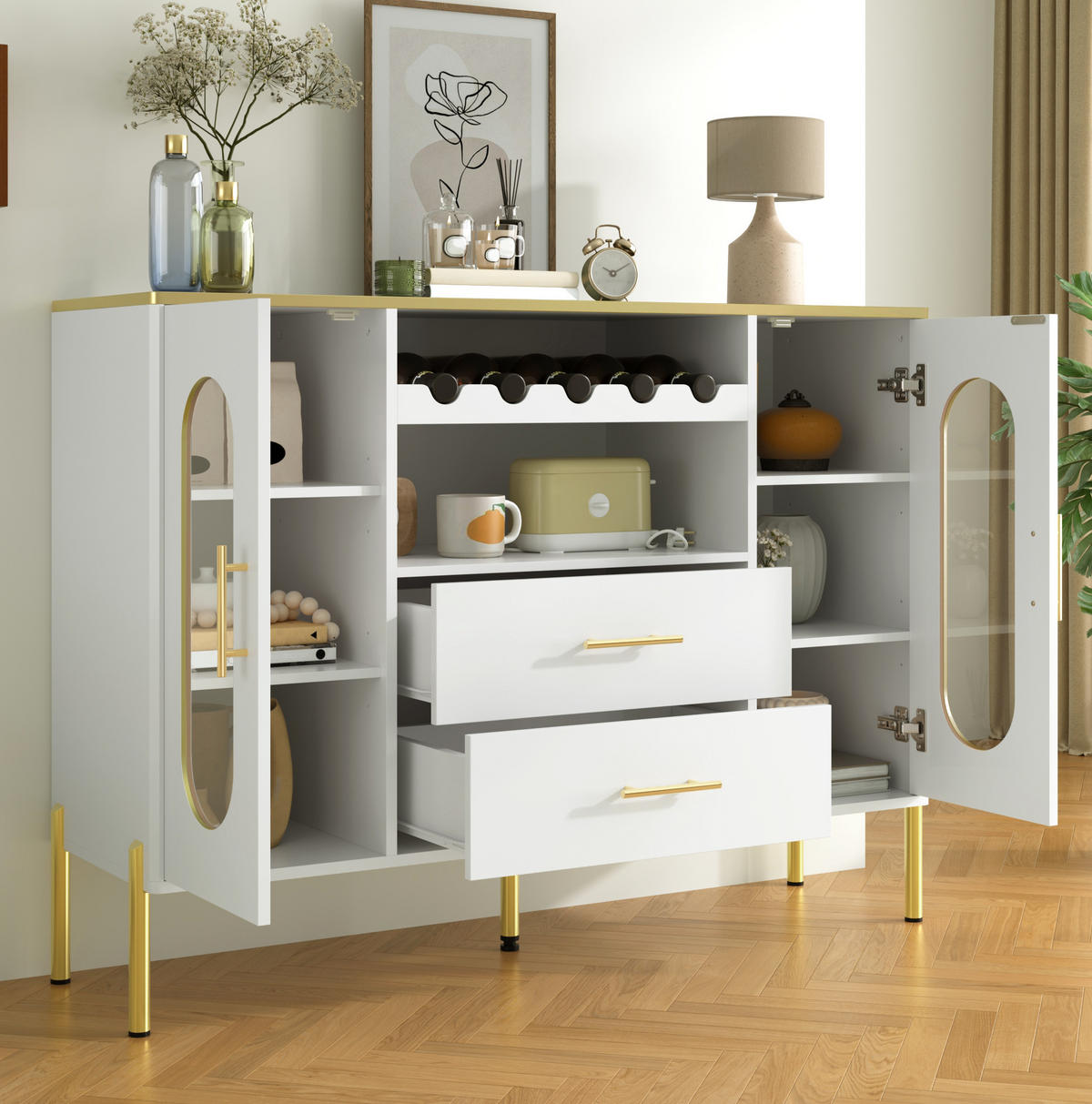 SIDEBOARD mit Glasfronten und integriertem Weinregal, 120/38/90 cm, Weiß mit goldenen Akzenten - Weiß, Holzwerkstoff (120/90/38cm) - Redom