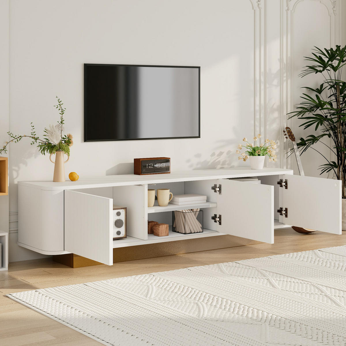 TV-SCHRANK Modern Lowboard Stauraum abgerundetes Design Weiß MDF - Weiß, Holz (43.69/16.76/80.01cm) - FLIEKS