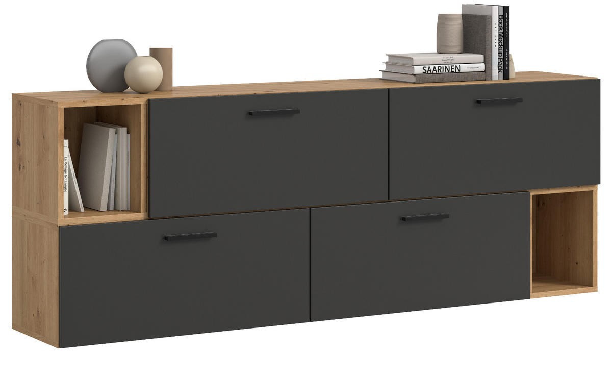 SIDEBOARD grau, Eiche Artisan 176 cm, Kommode hängend / stehend - Schwarz/Eiche Artisan, Holzwerkstoff/Kunststoff (176/65/34cm) - Inn.Furn