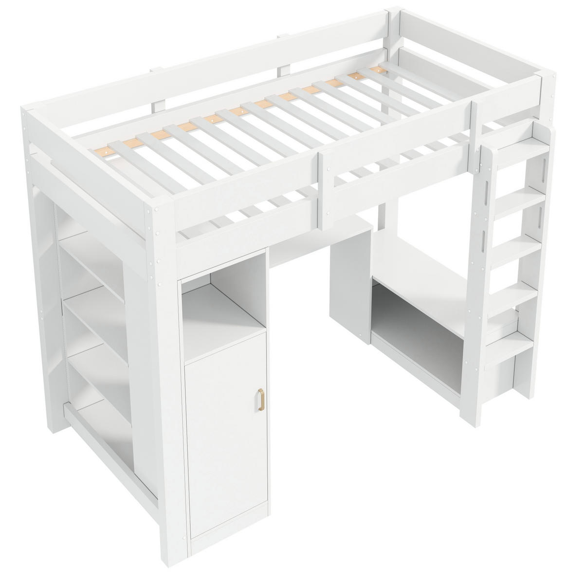 HOCHBETT weiß 90 × 200 cm aus Kiefernholz‑MDF mit Kleiderschrank, Regalen, Unterbettschreibtisch, LED‑Beleuchtung und USB‑Anschluss - Weiß, Holzwerkstoff (90/200cm) - Luhomfu