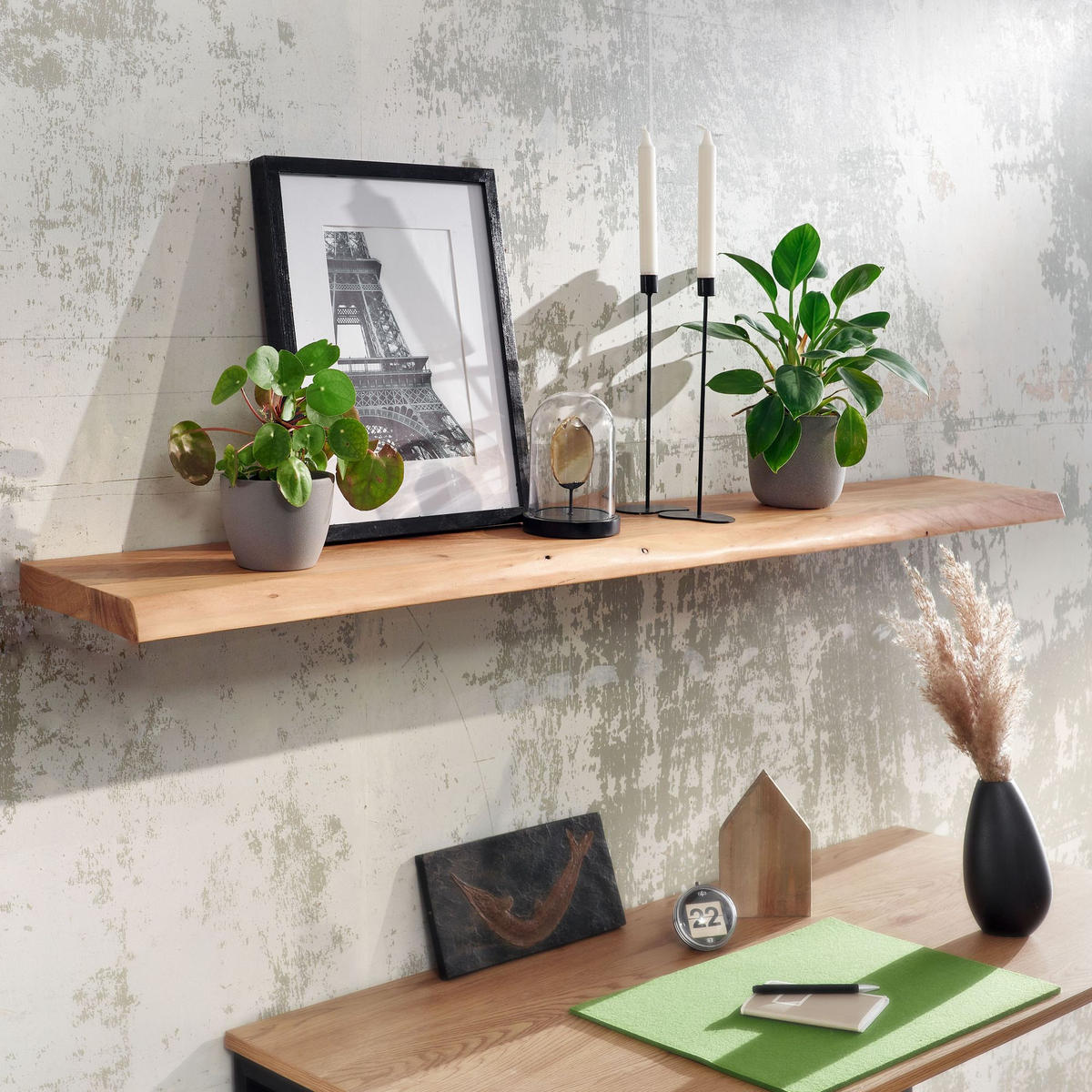 SCHWEBEREGAL DRITAN Akazie Wandboard - Braun, Holz (140/4/26cm) - tinkaro