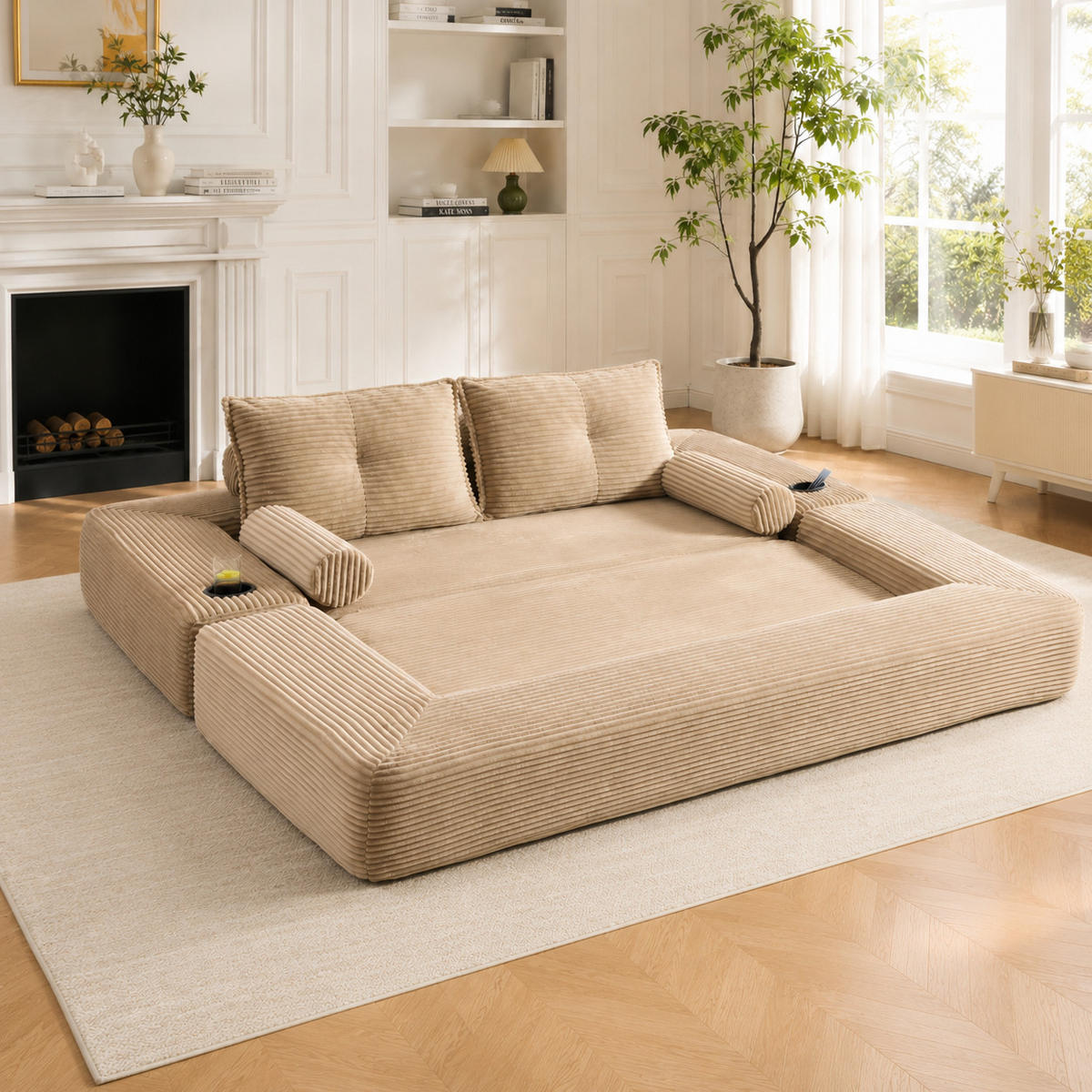 SCHLAFSOFA mit Schlaffunktion, Getränkehalter und Memory-Kissen aus Cord - Taupe, Textil (180/80/98cm) - EVRYAE