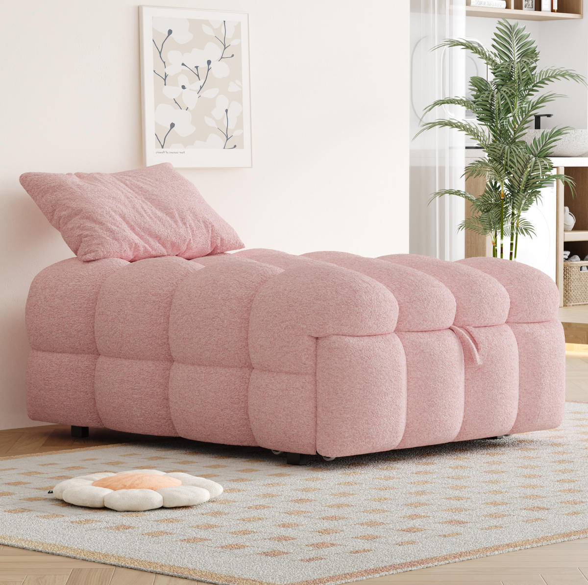 BETT aus Teddy-Stoff 90x180 cm Rosa 2-in-1 ausziehbar als Fußhocker und Gästebett - Rosa, Textil (70/180cm) - Modfu