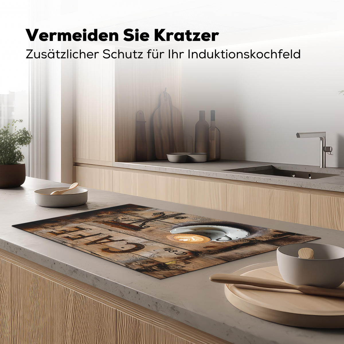 HERDABDECKPLATTE Cafe - Holz - Kaffee - Regale Induktionsmatte 83x51 cm - Schwarz, Kunststoff (83/51.5/0.2cm) - MuchoWow