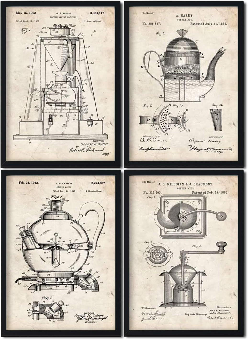 POSTER Set mit 4 Kaffeemaschine Vintage Patent Größe A4 Rahmenlos - Klar, Papier (21/1cm) - Nacnic