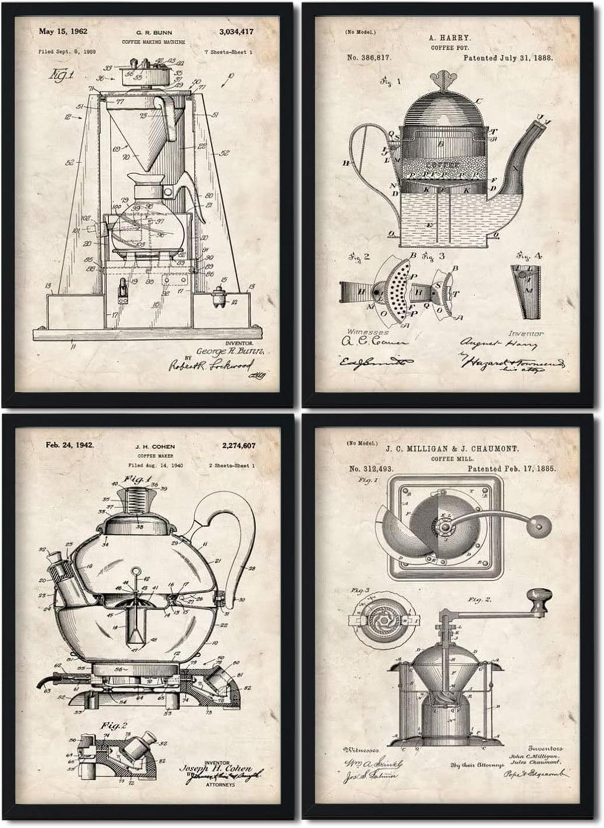 POSTER Set mit 4 Kaffeemaschine Vintage Patent Größe A4 Rahmenlos - Klar, Papier (21/1/29.7cm) - Nacnic
