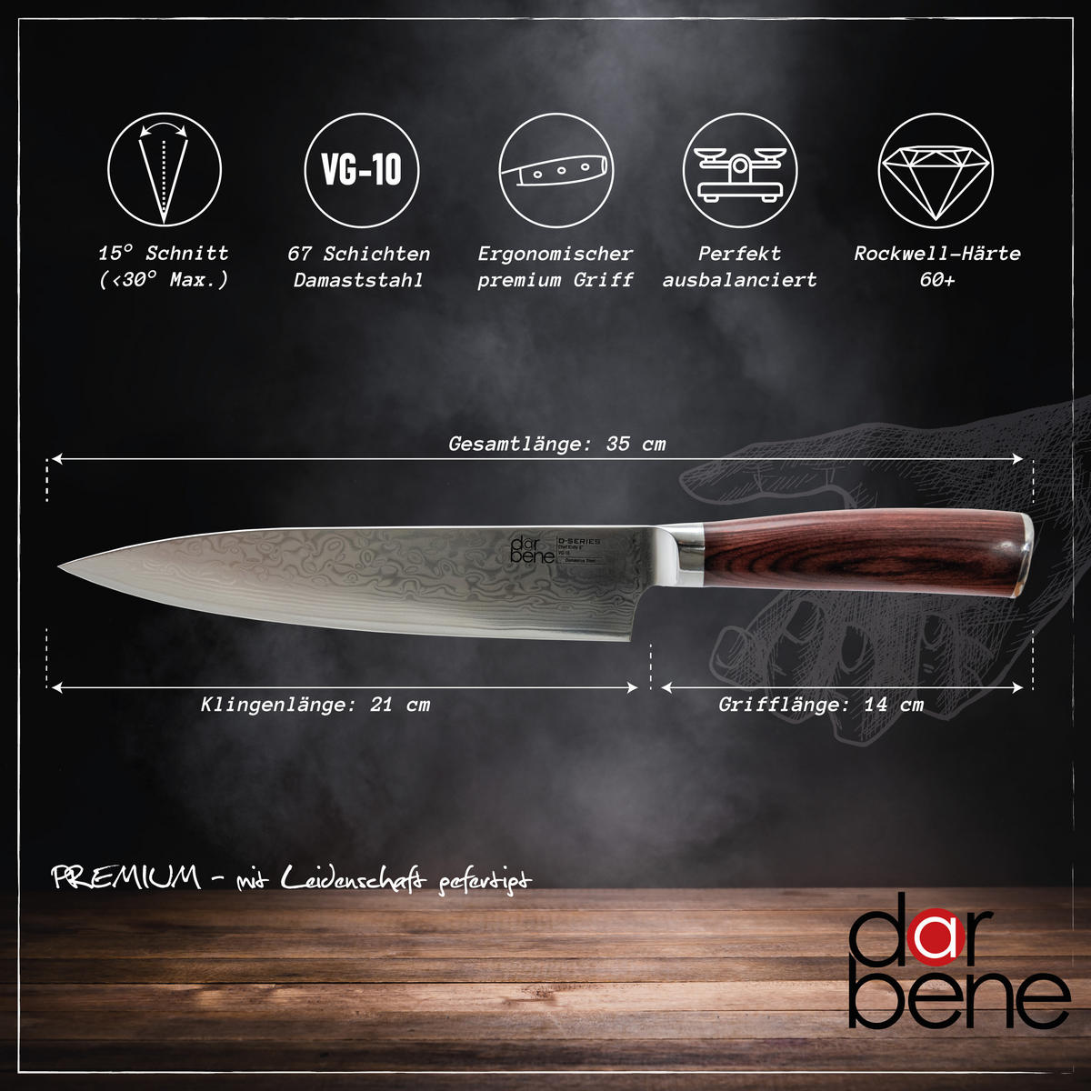 DAMASTMESSER Chefmesser Premium 35cm - Alufarben, Metall (35cm) - DarBene