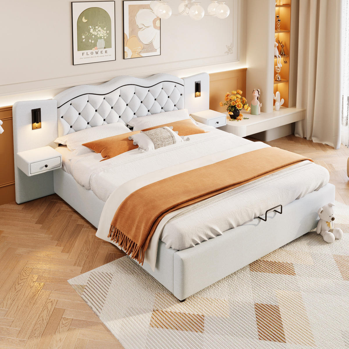 POLSTERBETT aus Leinenimitat 180x200 cm in Beige mit USB & Stauraum - Beige, Textil (180/200cm) - Modfu