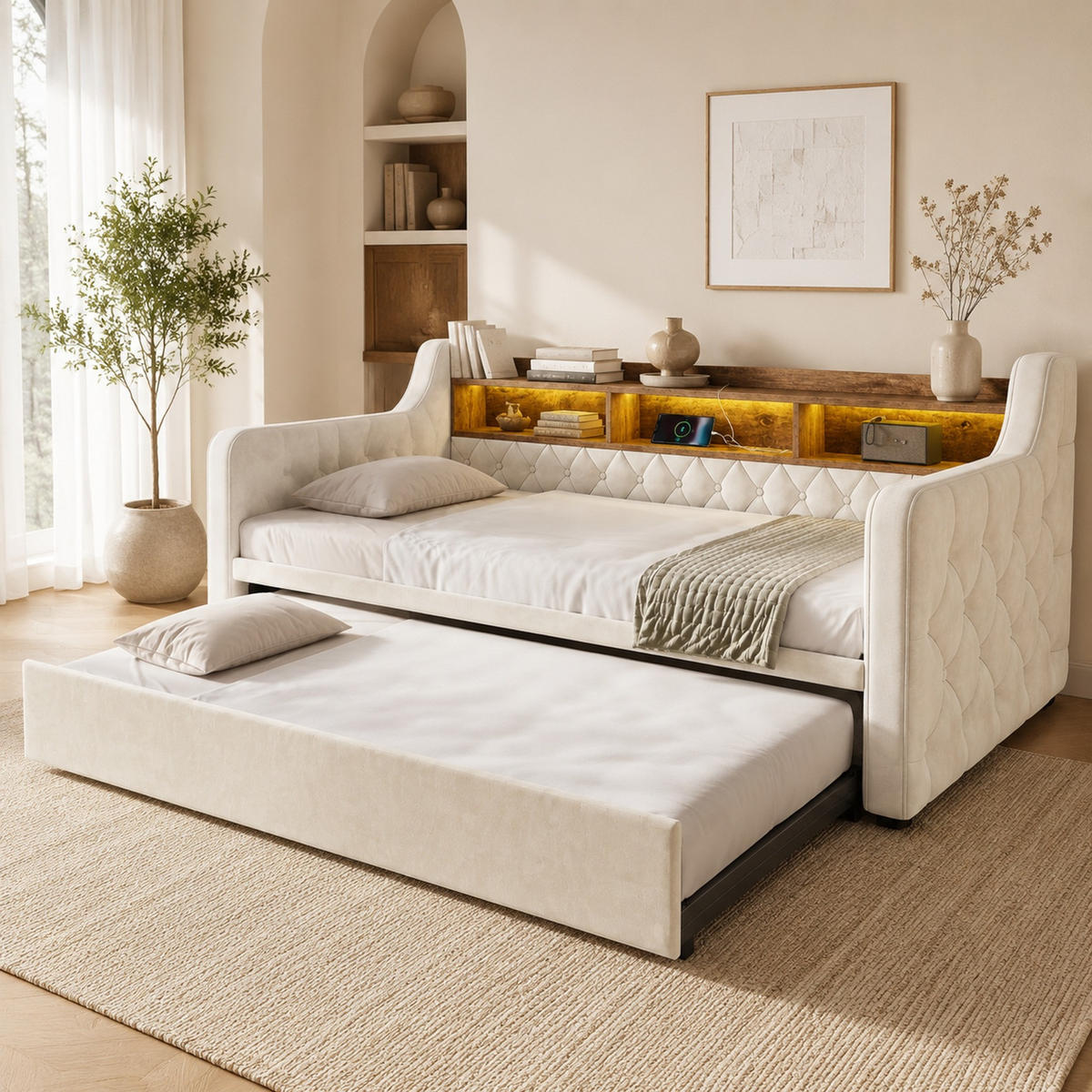 ROZKLÁDACÍ POHOVKA 90/190 cm v béžové barvě ze sametu s LED a USB-C - béžová, kov/kompozitní dřevo (90/190cm) - CHICFURN