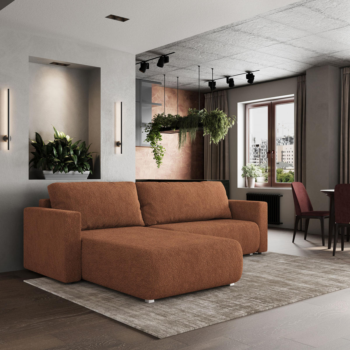 ROHOVÁ SEDAČKA TURIN terakotová - šedá/terakotová, dřevo/textil (265/183cm) - MASSENO