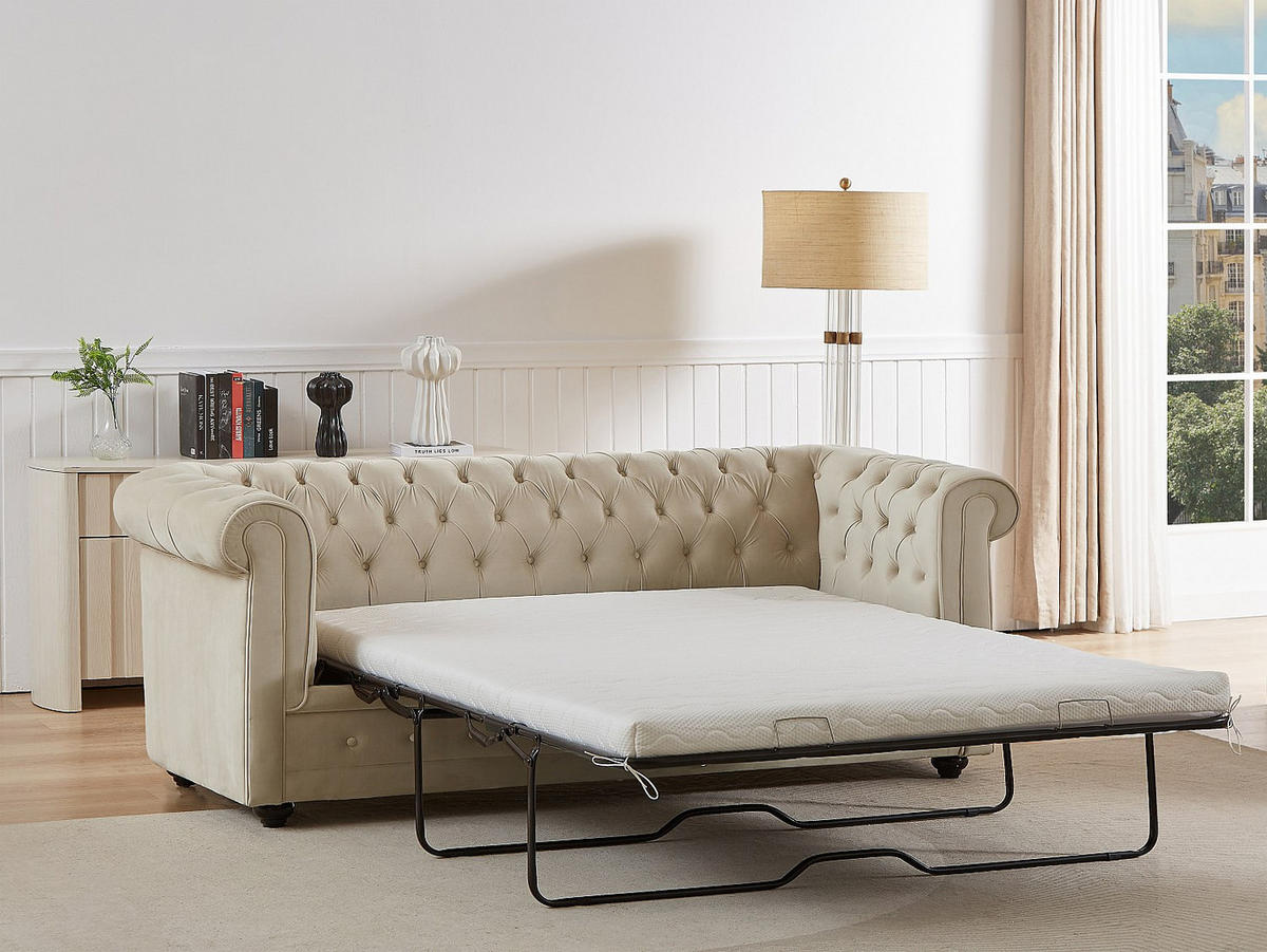 SCHLAFSOFA - 3 Personen - Samt - Beige - - Beige, Textil (208/85/89cm) - Vente-Unique