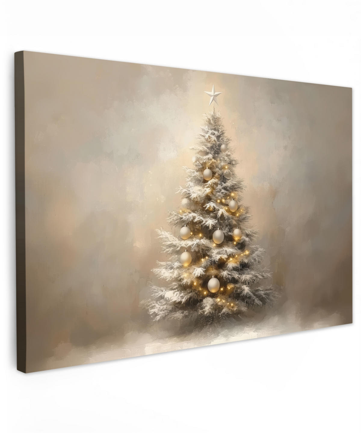 LEINWANDBILD Weihnachten - Weihnachtsbaum - Schnee - Kunst Wohnzimmer Groß 120x80 cm - Champagner, Textil (120/80cm) - MuchoWow