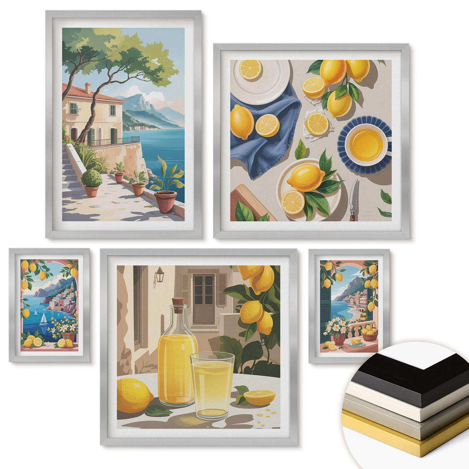 WANDBILDER 5er Set - 50x50 cm & 20x30 cm & 40x60 cm Silberner Rahmen - Olivenblüten in Vasen Natur - Silberfarben, Kunststoff (40/60cm) - ArtPrintCave