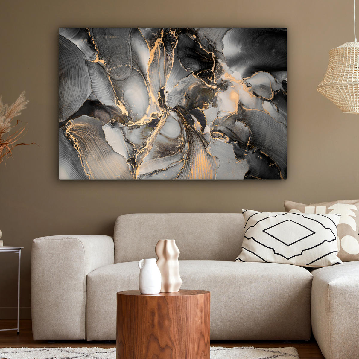 LEINWANDBILD Grau - Luxus - Gold - Marmor Groß 140x90 cm - Dunkelgrau, Textil (140/90cm) - MuchoWow