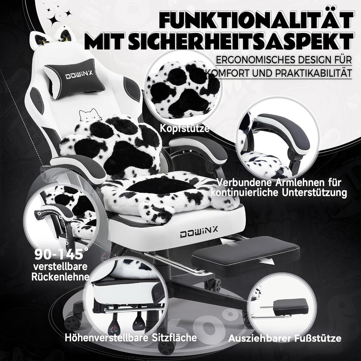GAMING-STUHL Ergonomischer & Fußstütze Bürostuhl & Lendenwirbelstütze - Weiß, Leder (52/126/49cm)