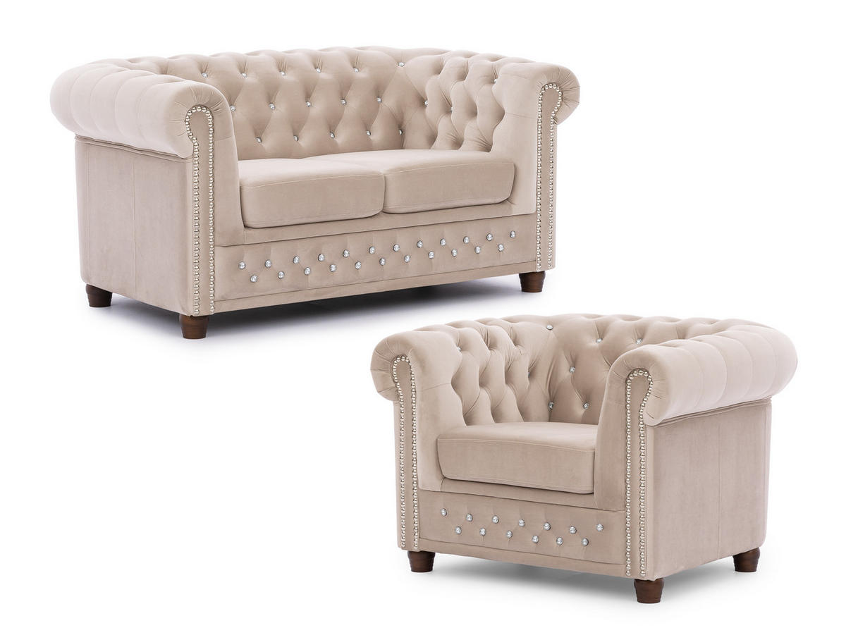 SITZGARNITUR 2+1 Chesterfield Cleo Blink Beige Samt mit Kristallsteppung und braunen Massivholzfüßen - Beige/Braun, Holz/Textil (148/72/86cm) - S-Style Möbel