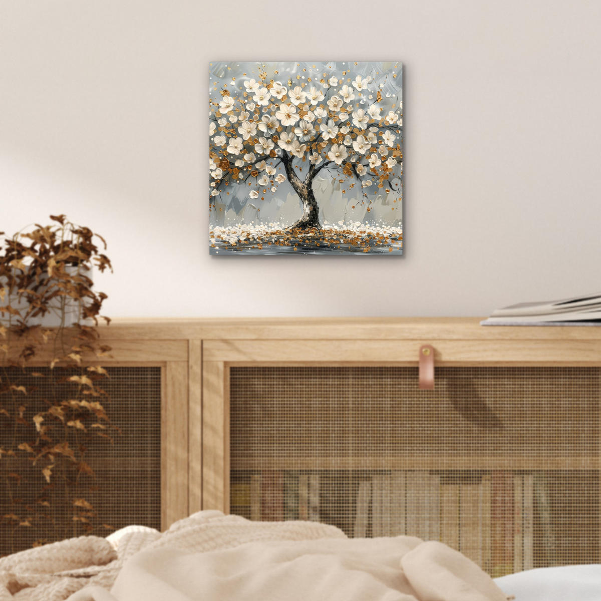KOVOVÝ OBRAZ Strom - Kvety - Biela - Príroda - Umenie 20x20 cm - biela, kov (20/20cm) - MuchoWow