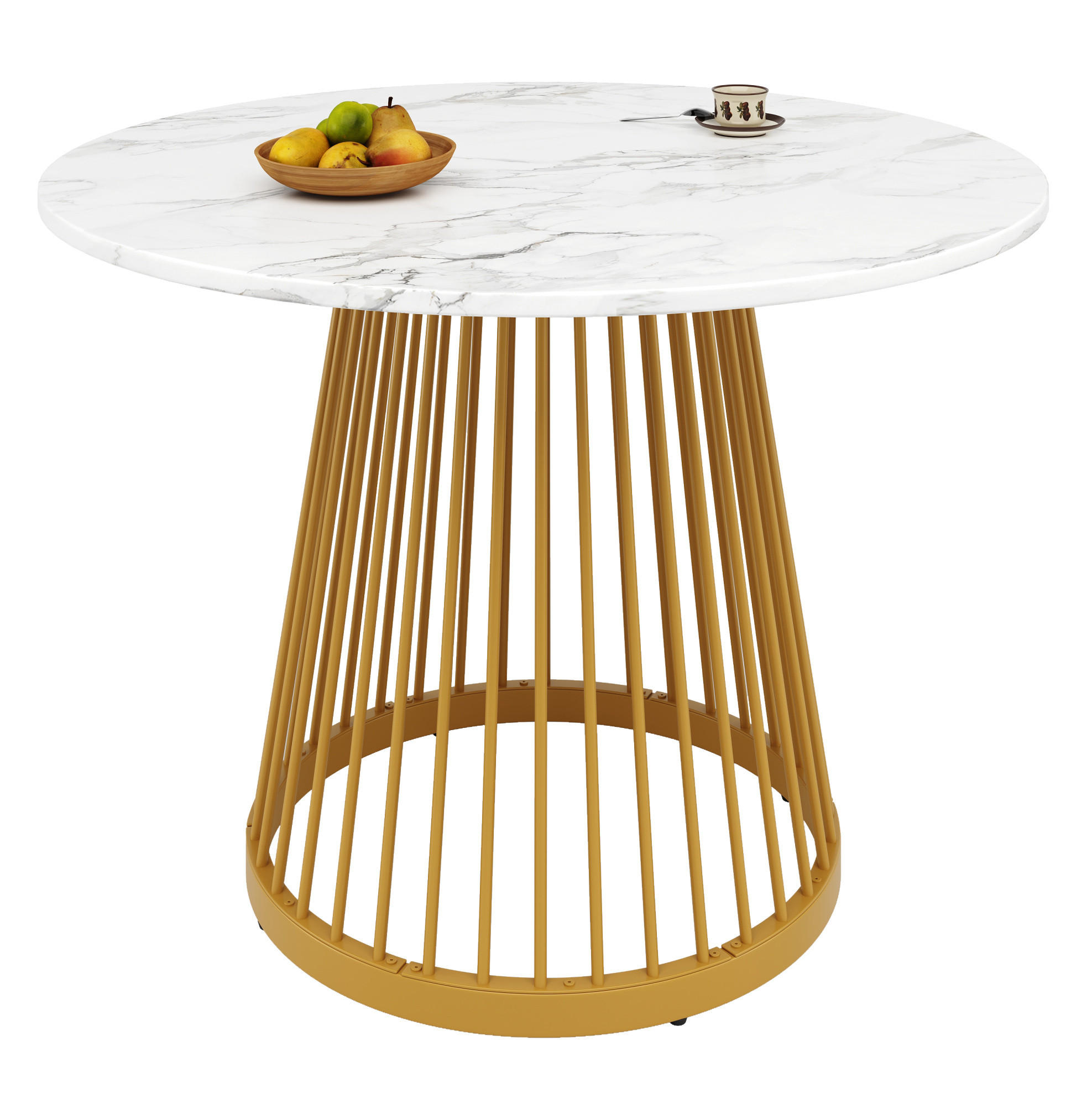 ESSTISCH 80/80/76 cm in Weiß mit Marmoroptik und goldfarbenem Metallgestell - Goldfarben, Holzwerkstoff (80/80/76cm) - Flora Grace