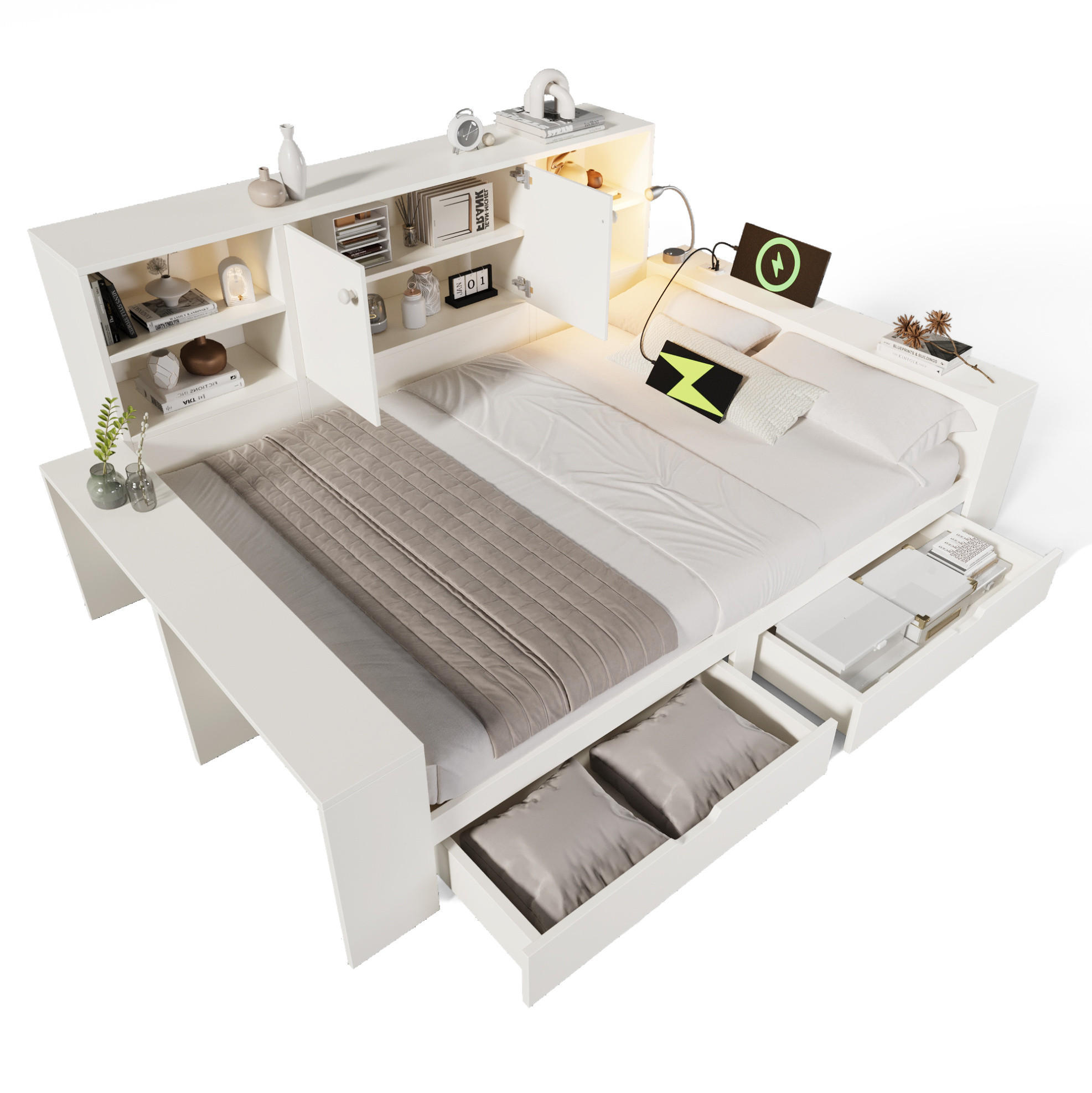 POSTEĽ s úložným priestorom 140/200 cm biela s USB, zásuvkami a policami z MDF a preglejky - biela, kompozitné drevo (140/200cm) - OKWISH