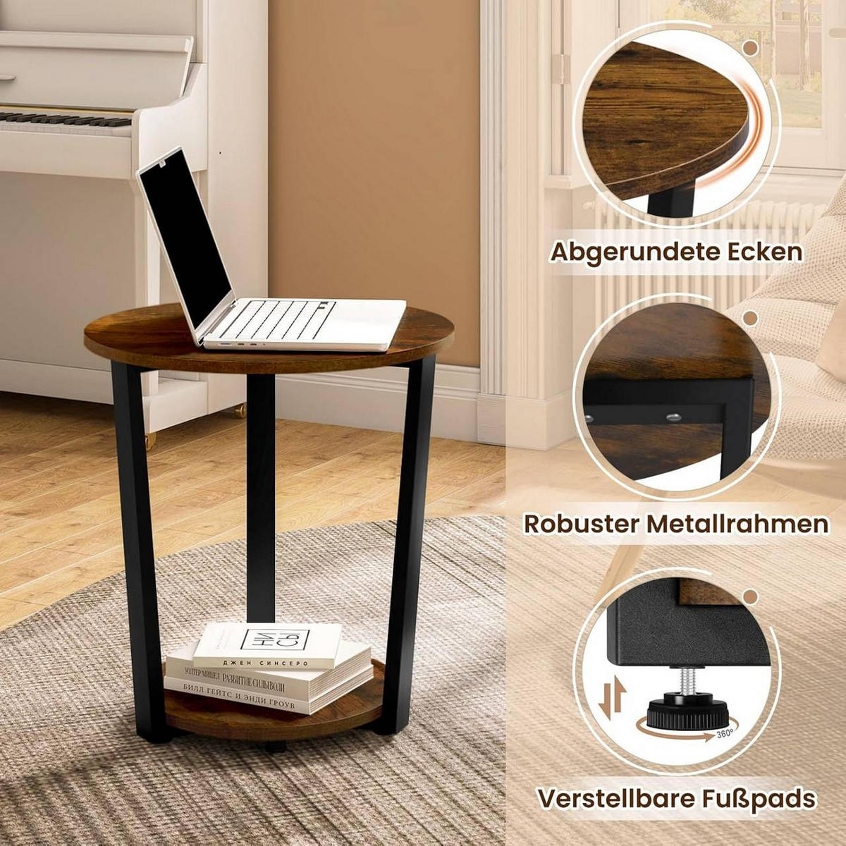 COUCHTISCH rund, mit 2 Ablagen, Rustikales Braun - Nussbaumfarben, Holzwerkstoff/Metall (50/50/53cm) - Woltu
