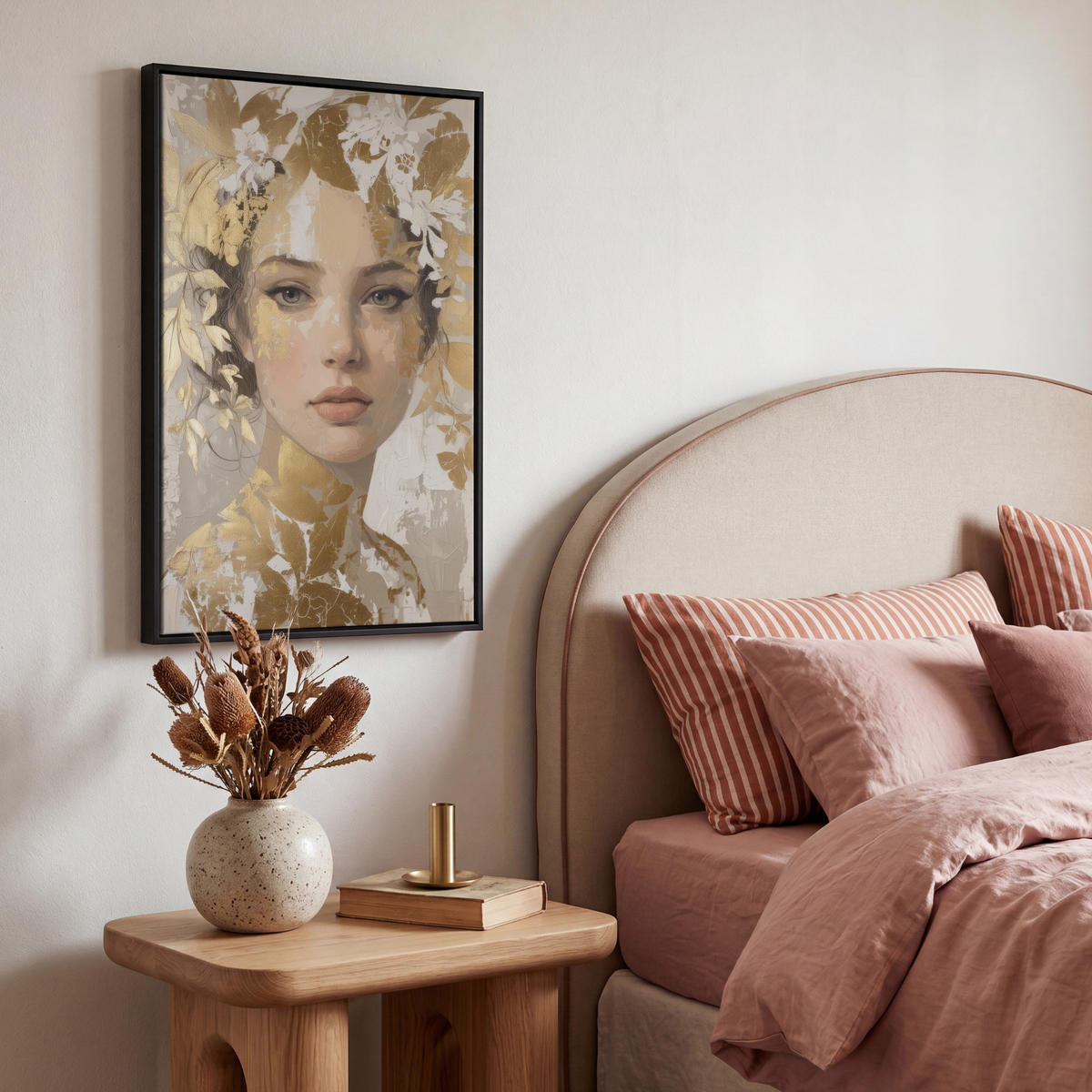 LEINWAND Bilder mit Rahmen - Gesicht - Frau - Blätter - Gold - 40x60 - Beige, Textil (40/60cm) - MuchoWow