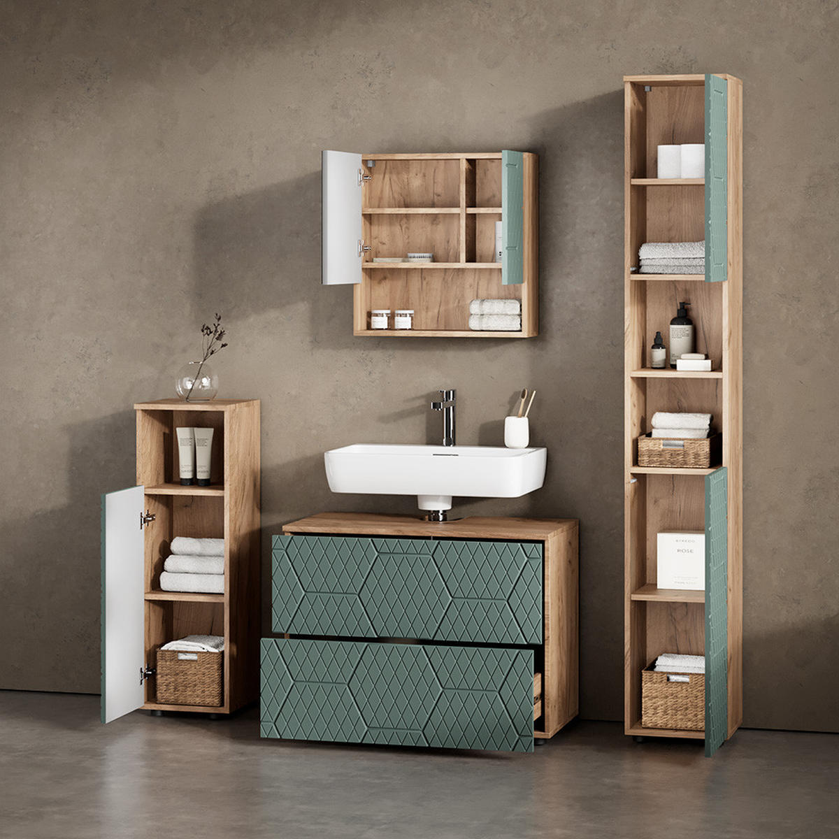 BADMÖBEL-SET Ronco Grün/Goldkraft Eiche 4 Teile, mit Schubladenschrank und Hochschrank - Eiche Wotan/Grün, Holzwerkstoff (80/58/41cm) - Livinity®