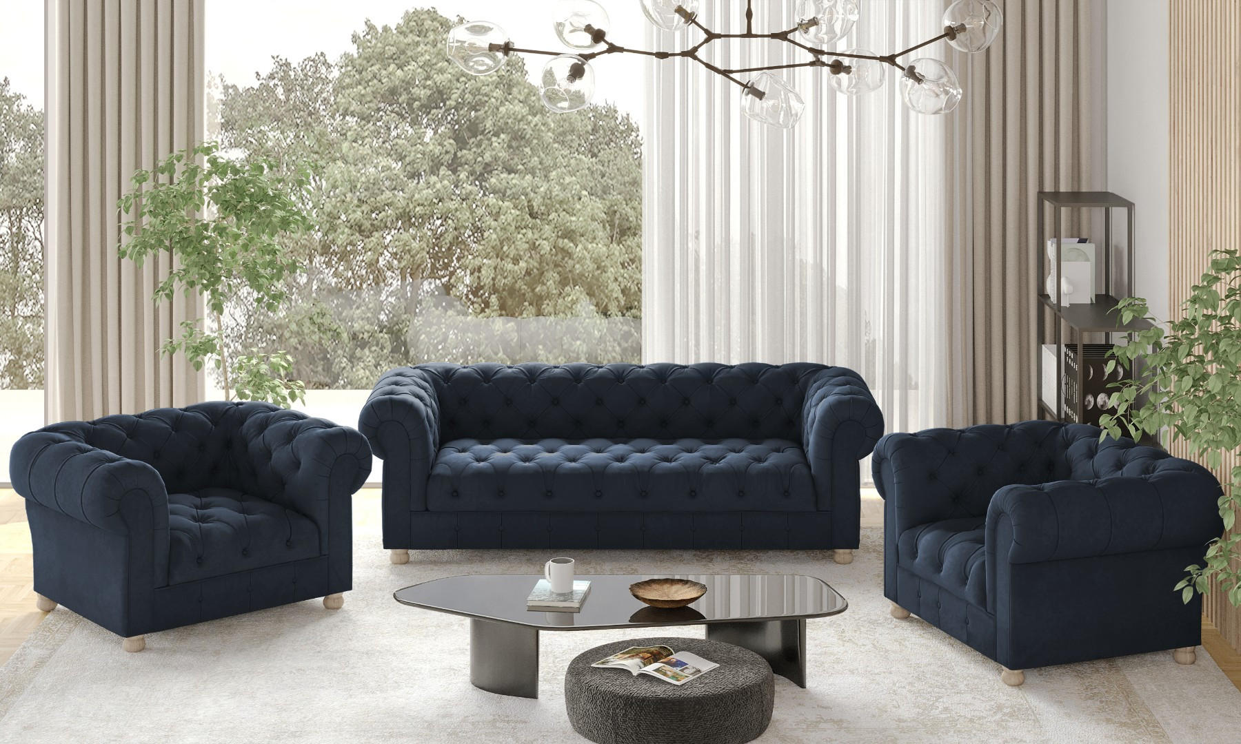 SITZGARNITUR 3+1+1 CHESTERFIELD Elegant Klassisch Schick Stoff Whisper Blau - Blau, Holz (202/77/90cm) - Kaiser Möbel