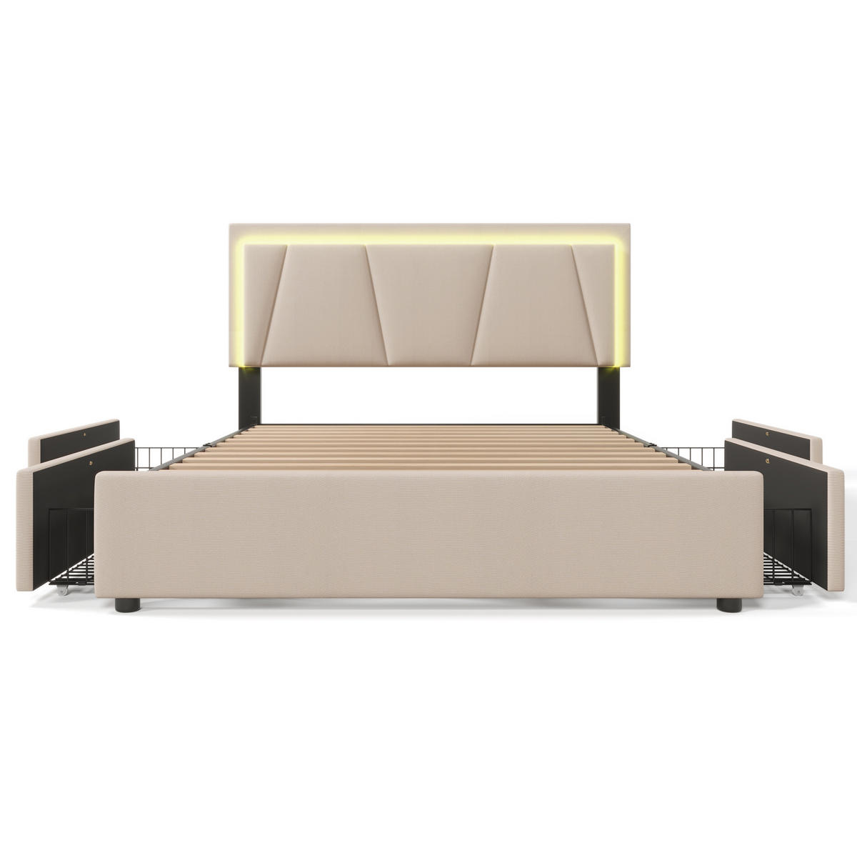 POLSTERBETT 140/200 cm mit LED-Beleuchtung und 4 Schubladen, Kopfteil höhenverstellbar - Beige, Holz (140/200cm) - BEAOK