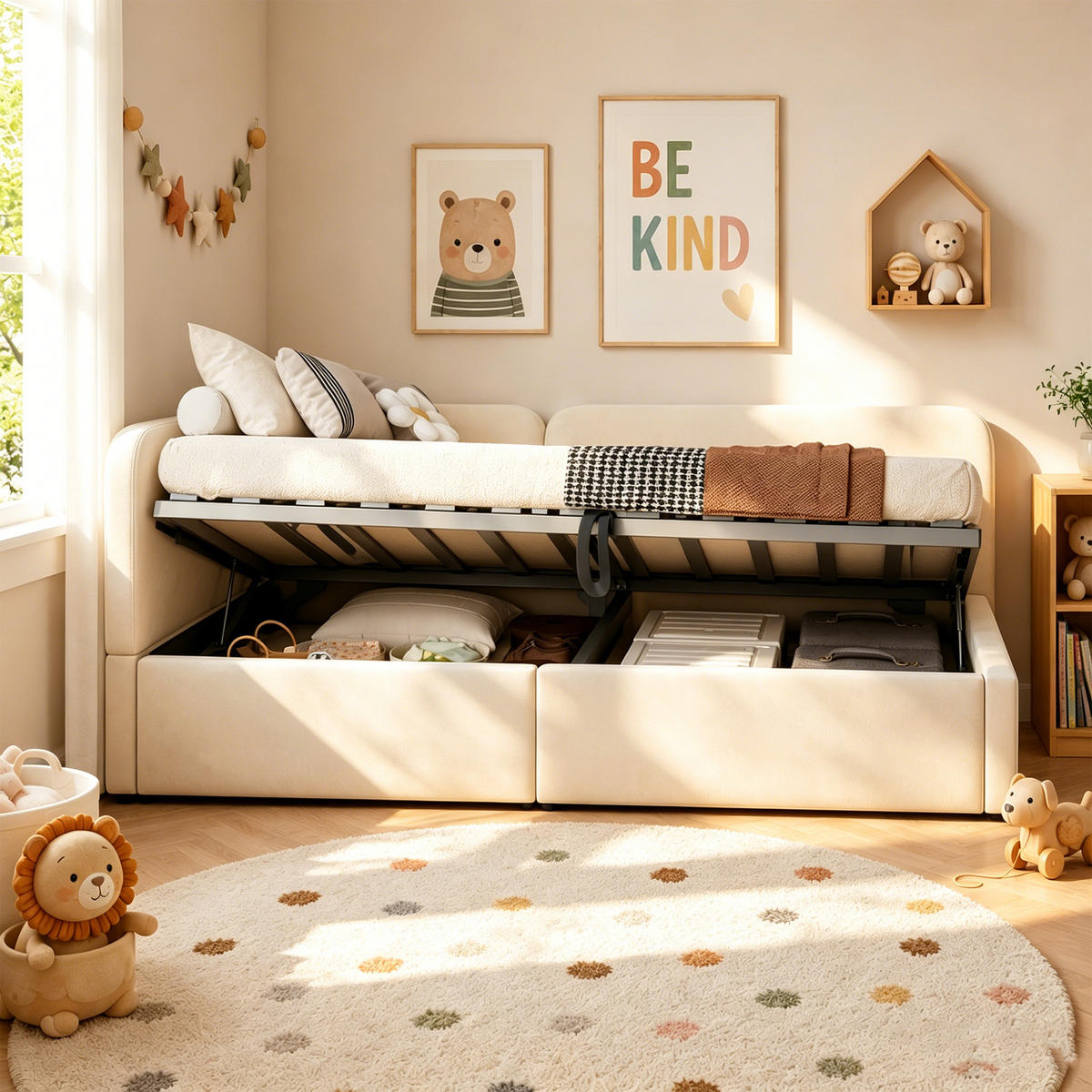 TAGESBETT 90/200 mit Bettkasten, Samtbezug, Lattenrost, Beige - Beige, Holz/Textil - LVHOM