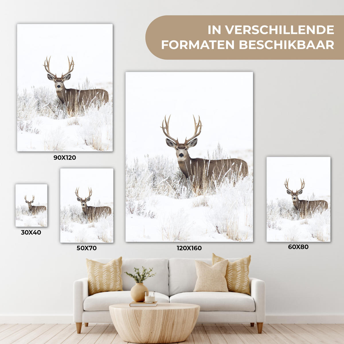 LEINWANDBILD Hirsche - Winter - Schnee - Tiere - Jahreszeiten - Weiß 60x80 cm - Hellbraun, Textil (60/80cm) - MuchoWow