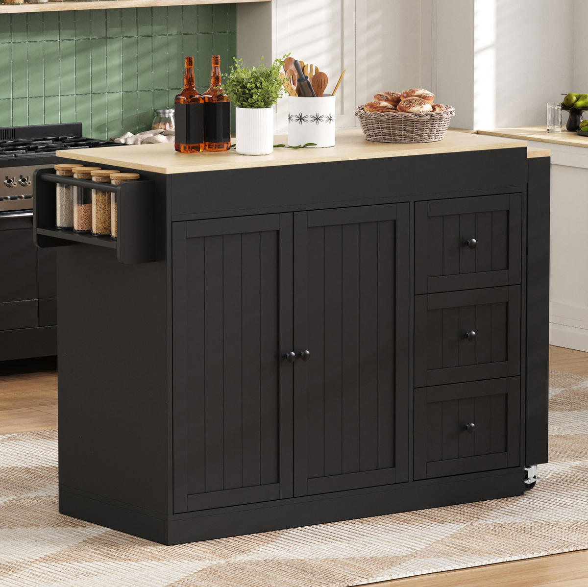 KÜCHENINSEL 112/45/93 cm Schwarz aus MDF mit ausziehbarer Arbeitsplatte - Schwarz, Holzwerkstoff (45/93/130cm) - OKMYHOME