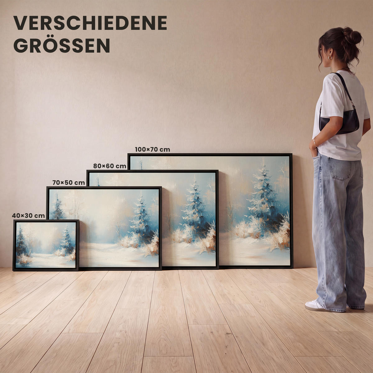 LEINWAND Bilder mit Rahmen - Wald – Winter – Natur – Abstrakt – Schnee - 100x70 - Weiß, Textil (100/70cm) - MuchoWow