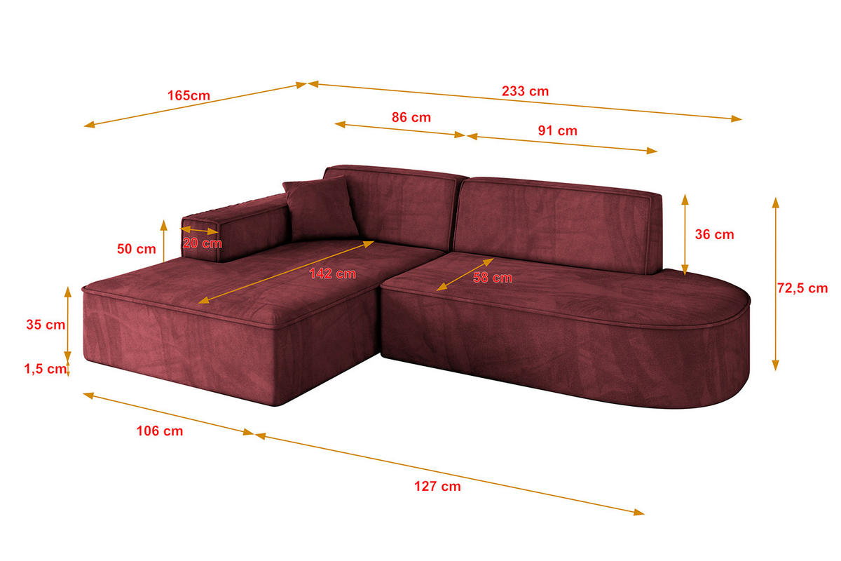 ECKSOFA Ottomane Links IREA-L1-v4 - 233x165x72,5 cm Bordeauxrot - Bordeaux, Holzwerkstoff/Textil (233/165cm) - ALTDECOR