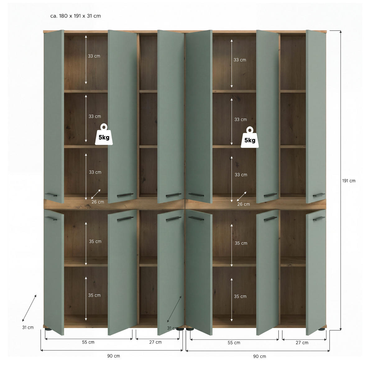 HOCHSCHRANK Salbei grün, Eiche Artisan 180 x 191 cm, XXL Mehrzweckschrank - Salbeigrün/Schwarz, Holzwerkstoff/Kunststoff (180/191/31cm) - Inn.Furn