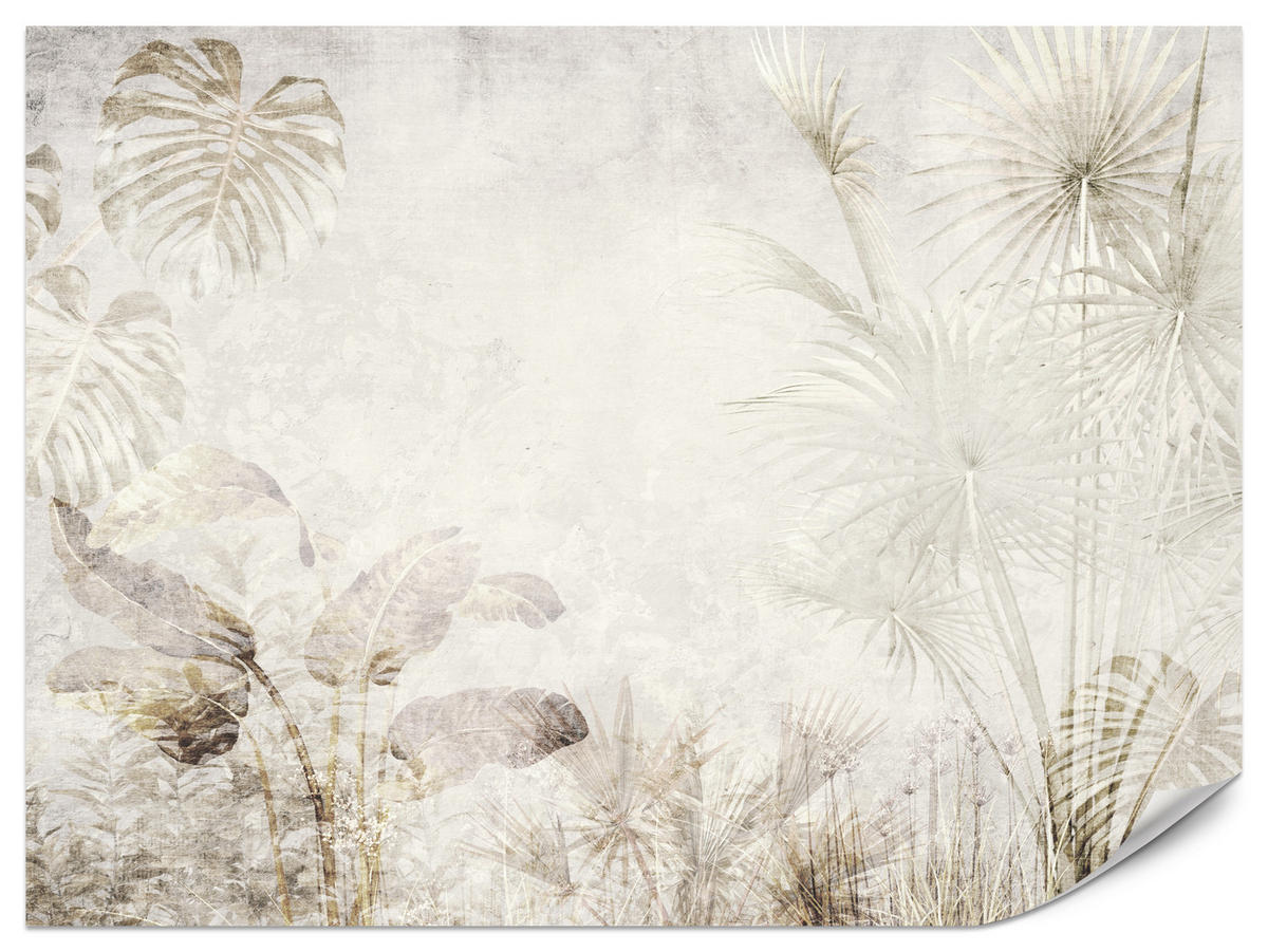 FOTOTAPETE für Wohnzimmer Tropisch Vintage Palmenblätter Beton 500x350 - Beige/Creme, Papier (500/350cm) - Muralo