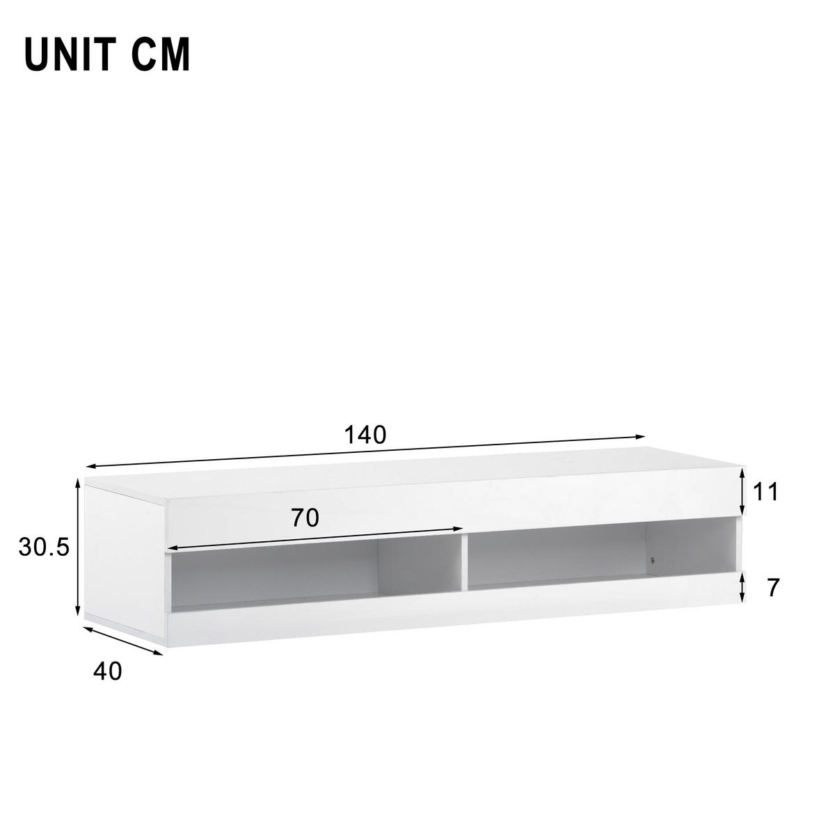 LOWBOARD 140/40/30,5 cm aus MDF mit LED-Beleuchtung Weiß - Weiß, Holzwerkstoff (140/30.5/40cm) - Modenvie