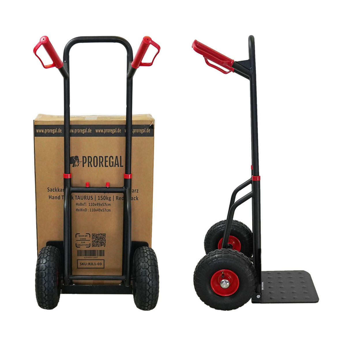 SACKKARRE Taurus 150 110x50x57cm Traglast 150kg Griff, Klappbar, Stahl Rot-Schwarz - Schwarz, Metall (57/50/110cm) - PROREGAL