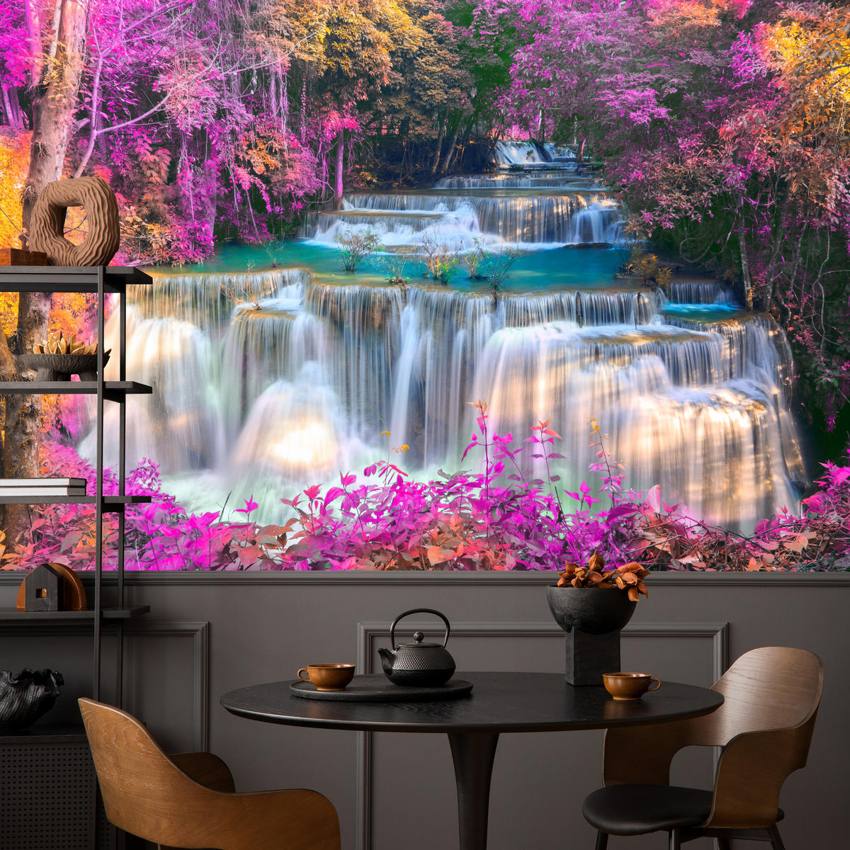 FOTOTAPETE für Schlafzimmer Wasserfall Pinker Wald Fantasie 500x350 - Türkis/Beige, Papier (500/350cm) - Muralo